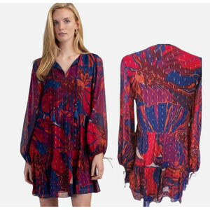 Trina Turk 98% Silk Boho Floral Long Sleeve Tassel Dress Sz M Lined Red Blue